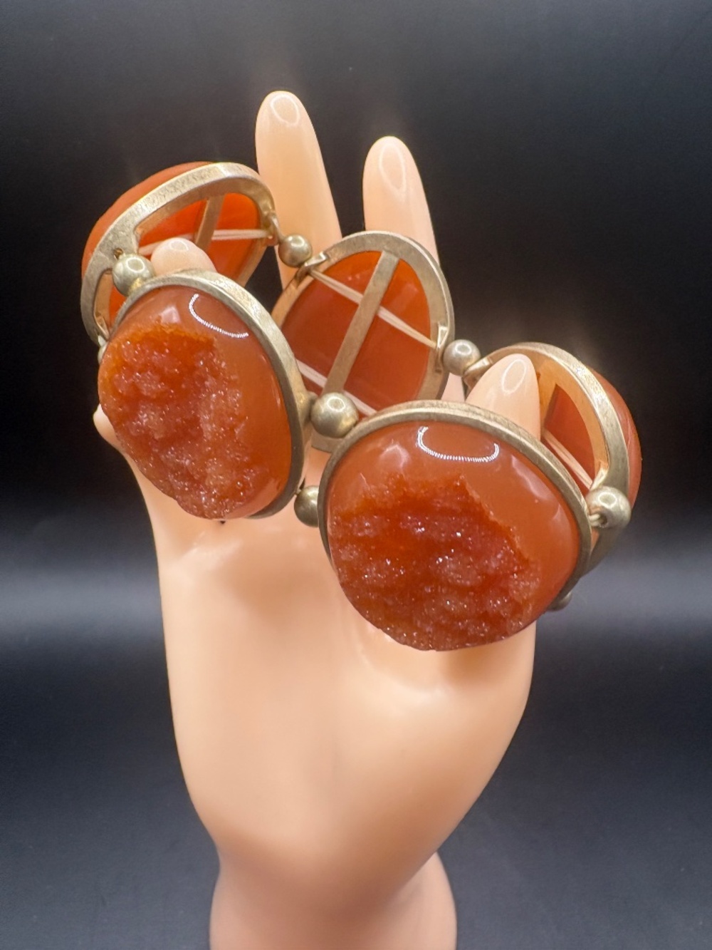 Quartz Druzy Antique Gold Metal Chunky Stretch Bracelet